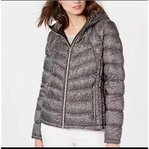 Michael Kors Women’s Down Filled Leopard Print Packable Hooded Puffer  Jacket M